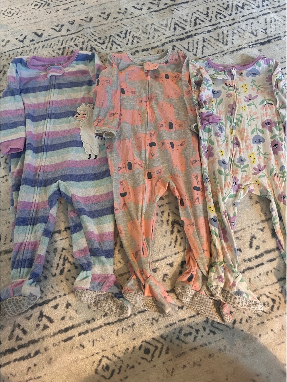 Set of 3 Baby Footed Pajamas with Animal and Floral Prints - Size 12M